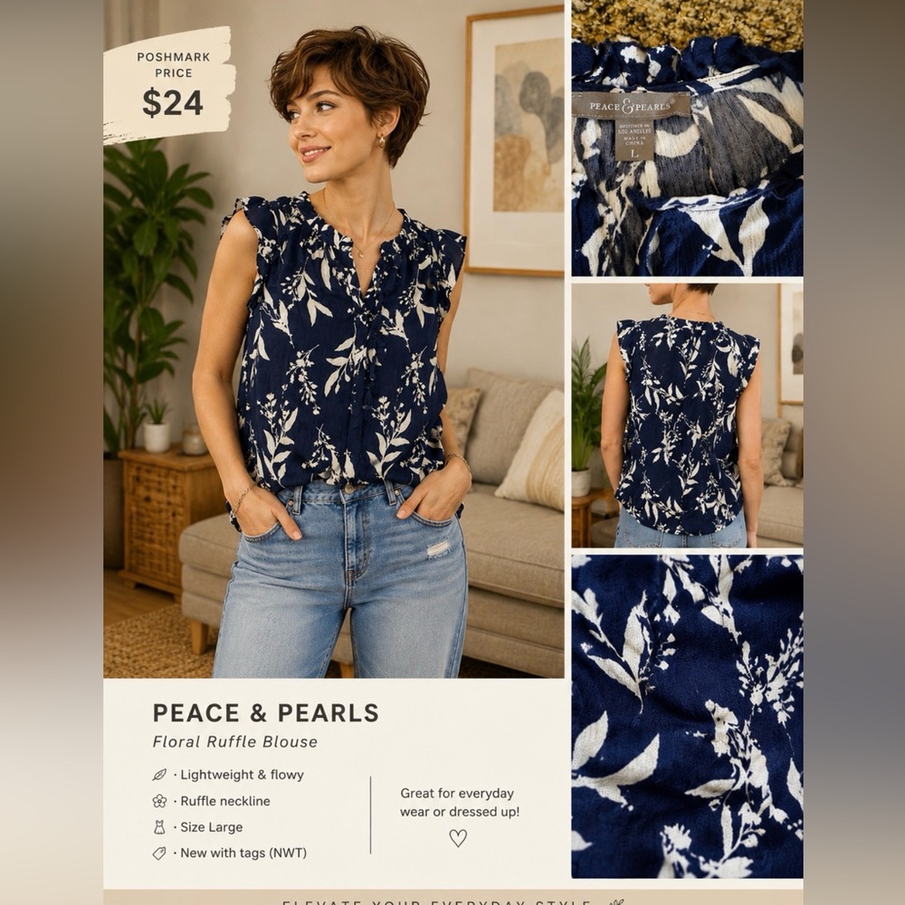 Peace & Pearls Navy Floral Ruffle Blouse 🌿✨
Size Large | NWT (new with tags